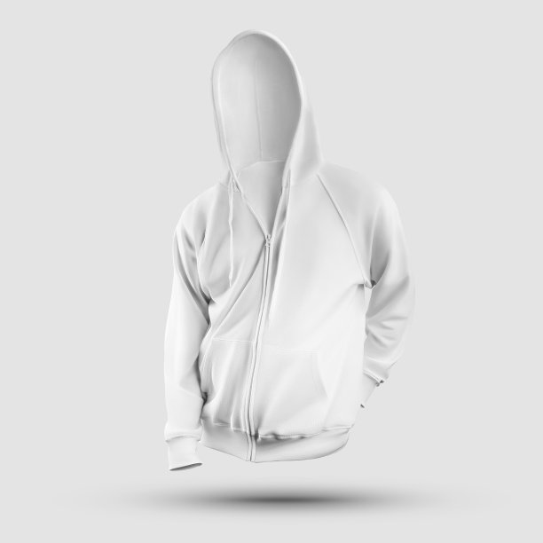 白色运动衫模板与兜帽，兜帽3D渲染与口袋，拉链关闭，领带，前视图，设计展示，打印。图片下载