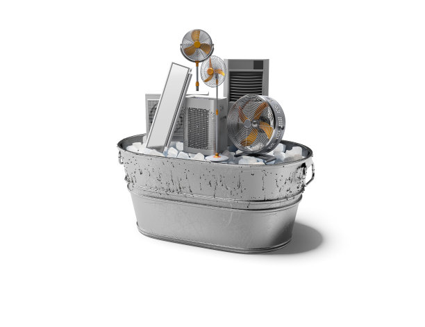 三维渲染概念的房间空调和冷却设备在冰桶隔离在白色背景与阴影图片下载