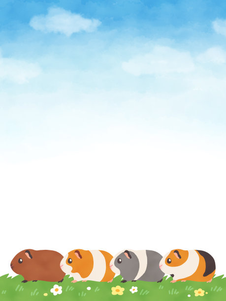 水彩画的豚鼠走在一个花田蓝天垂直图片下载