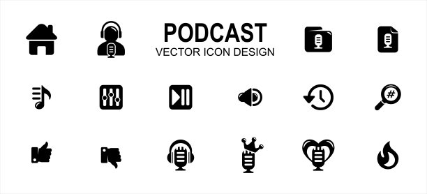 简单的播客流媒体应用程序向量图标用户界面图形设计。包含诸如home, speaker, host, folder, category, new, play list, equalizer, play pause, favorite等图标图片下载