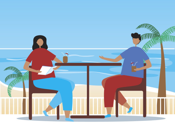 一对夫妇在一个咖啡馆，海滨度假，平面矢量股票插图为概念的浪漫晚餐在海边，夫妇有一个约会图片下载