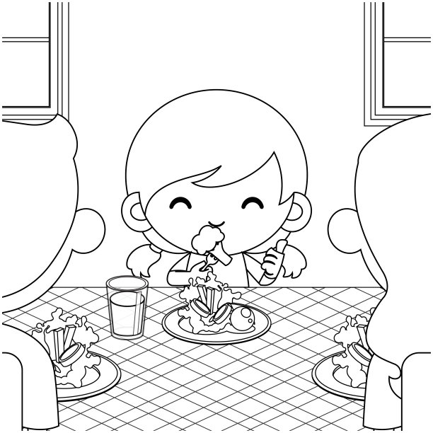 儿童涂色书。卡通可爱的小女孩喜欢吃蔬菜，父母很欣赏她图片下载