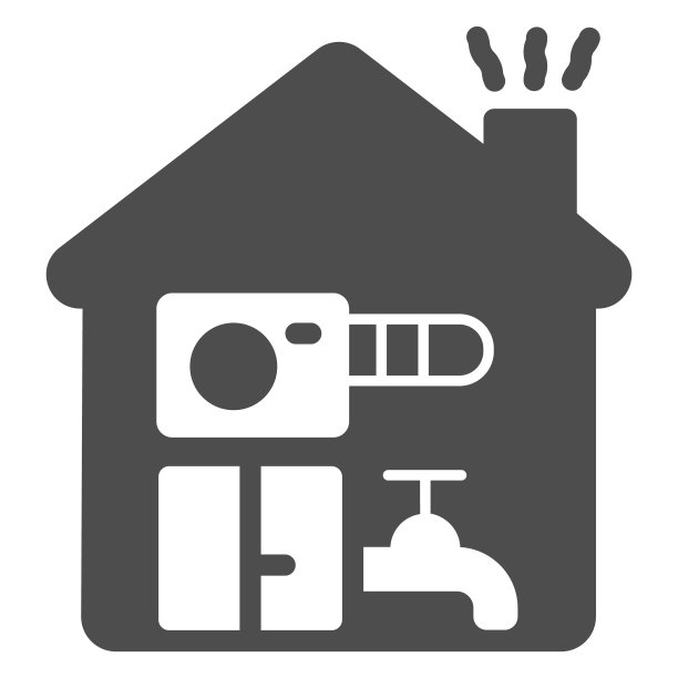 房屋供暖固体图标，冬季概念，家庭供暖标志在白色背景，房屋天然气管道和空调图标在移动和网页的象形风格。矢量图形。图片下载