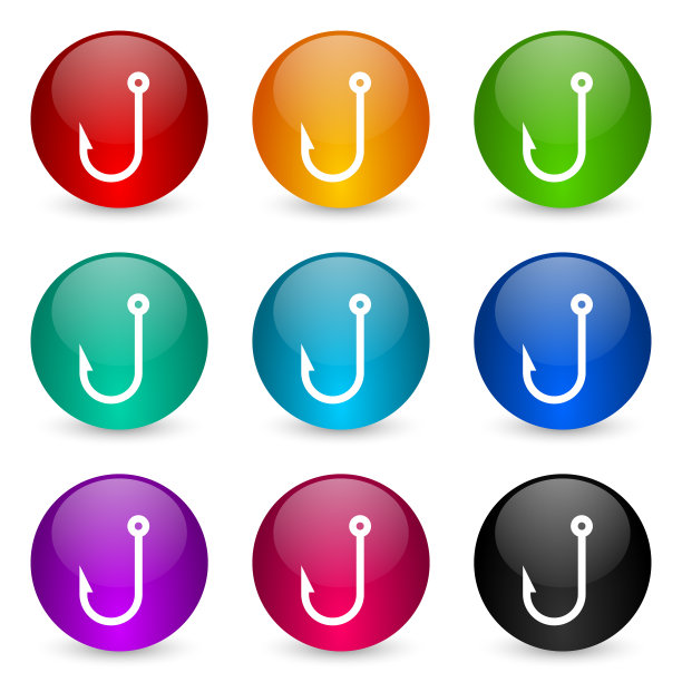 钓鱼钩图标设置，彩色光泽的3d渲染球按钮在9种颜色的选择，为网页设计和移动应用程序图片下载