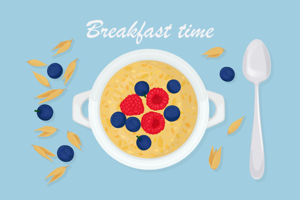 粥燕麦与勺子，浆果，覆盆子，坚果和谷物孤立在背景中。健康的早餐图片下载