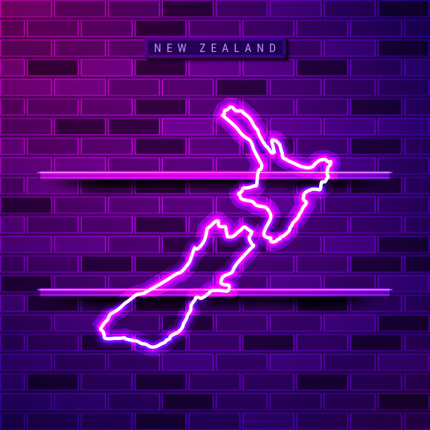 新西兰地图发光的紫色霓虹灯标志图片下载