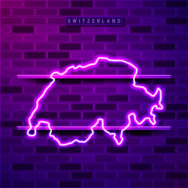 瑞士地图上发光的紫色霓虹灯标志图片下载