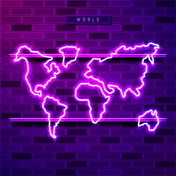 世界地图上的紫色霓虹灯标志图片下载