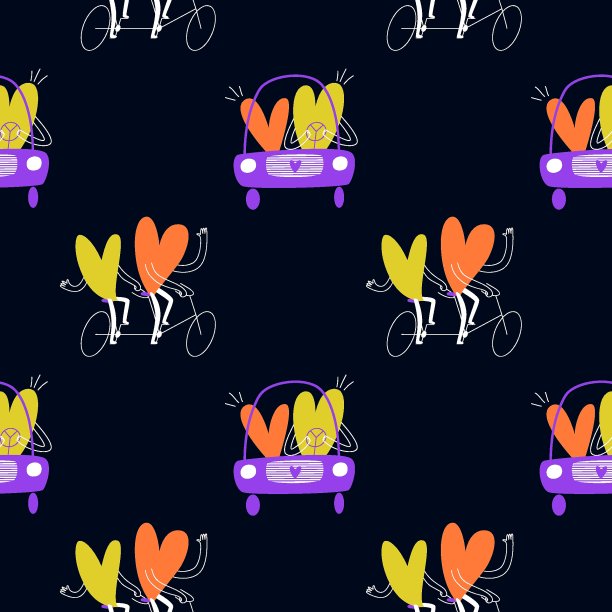 无缝图案与卡通心形在双人自行车。相爱的情侣开车。矢量股票插图黄色与紫色在黑暗的背景。图片下载