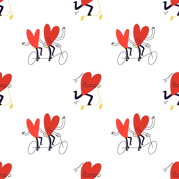 无缝图案与心形。可爱的卡通情侣骑着双人自行车，踏板车上有一颗大心。矢量股票插图在卡通风格上的白色背景。图片下载