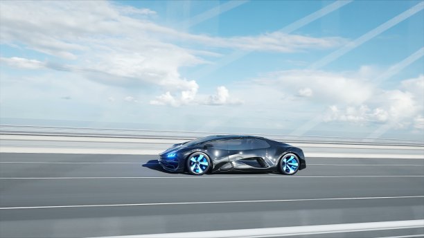 桥上的黑色未来汽车的3d模型。开车非常快。未来的概念。现实的4 k的动画。图片下载
