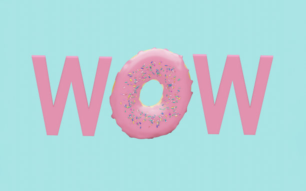 粉色WOW甜甜圈蓝色背景，3d插图图片下载