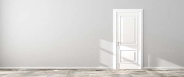 室内场景:阁楼式建筑中的空客厅。明亮的墙面，石材地板，白色的门。阳光透过大窗户。3d渲染-网页横幅大小。图片下载