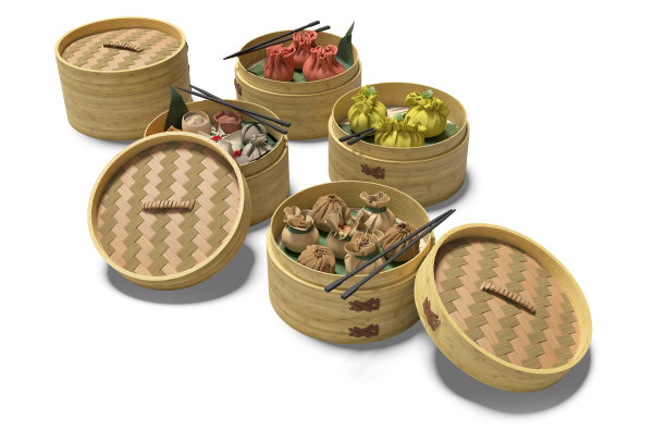 点心轻碟组三维渲染在白色背景与阴影图片下载