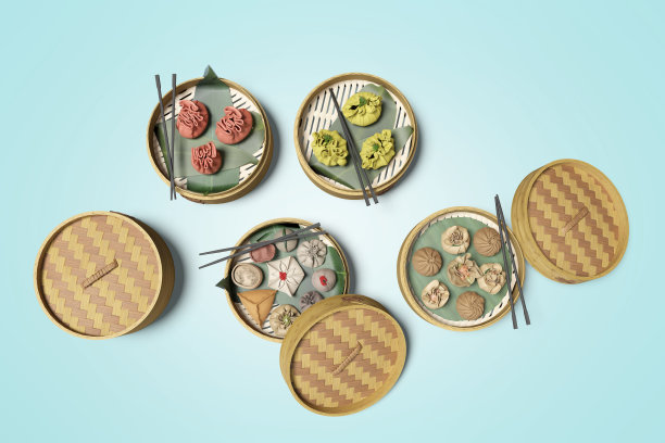 Dim sum light dish group顶视图3d渲染在蓝色背景和阴影图片下载