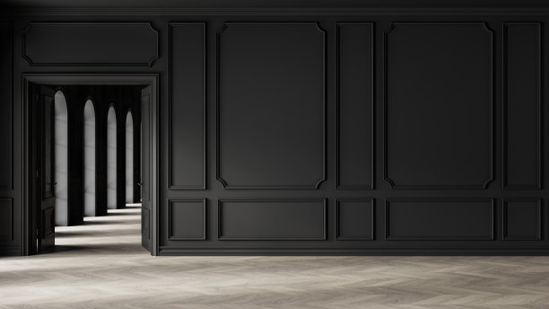 现代经典的黑色空内墙板，敞开的门和木地板。图片下载