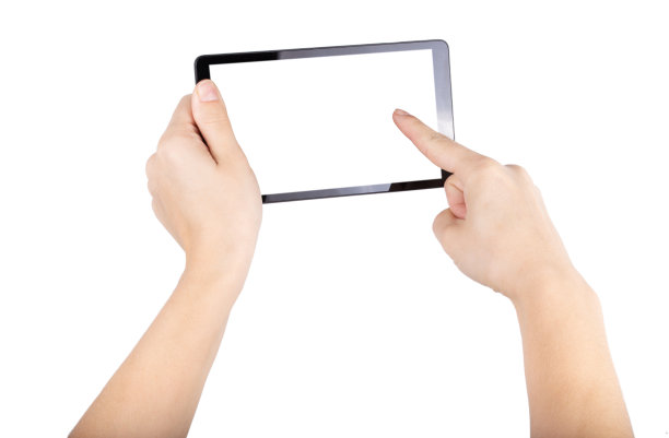 手握和点在数字平板孤立在白色背景图片下载