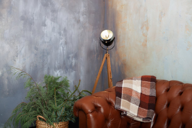 棕色皮革沙发在黑暗的阁楼内部。水泥灰墙，带复古灯。客厅配有棕色的放松椅和落地灯。篮子和树枝杉树在地板上。三脚架灯灯光投影仪。图片下载