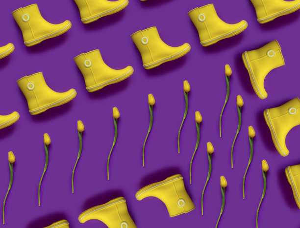 黄色雨靴的现代图案和紫色背景上的郁金香图片下载