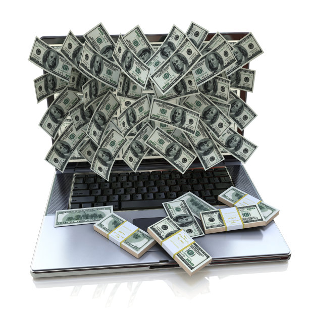 钱从笔记本电脑中倾泻而出，在网上设计相关的信息赚钱。三维演示图片下载