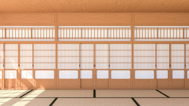 空的日本传统风格的室内，Shoji推拉门和榻榻米地板，3d渲染图片下载