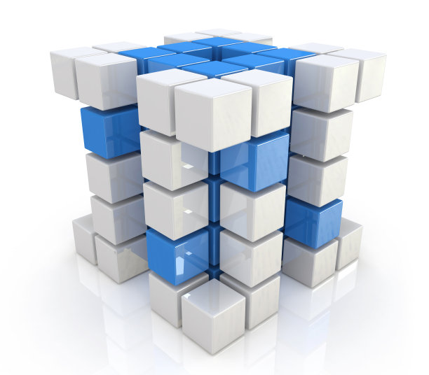 团队合作业务概念-立方体组装从块的设计信息相关的抽象。三维演示图片下载