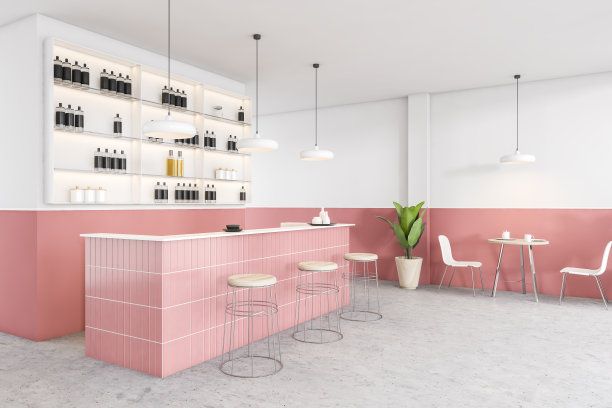 白色和粉红色的咖啡馆内部，柜台和桌子和椅子在大理石地板上图片下载