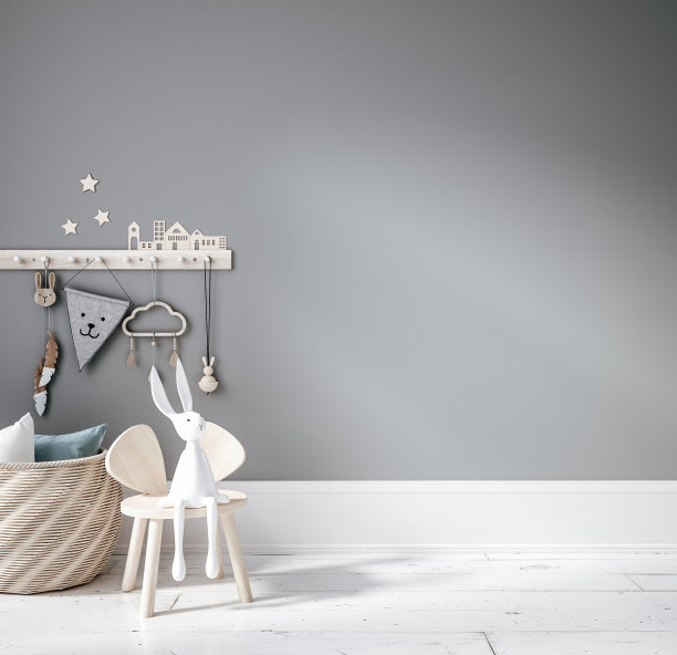 空白墙模拟在舒适的育儿室室内背景，斯堪的纳维亚风格图片下载