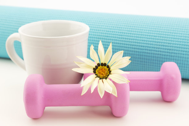 粉红色的哑铃、花和瑜伽垫都是家庭健身的体现图片下载