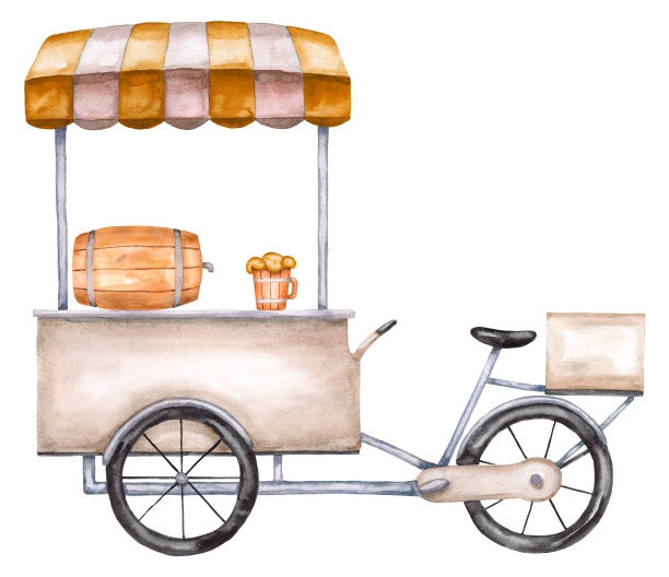 水彩画街头餐车，手推车，卡车，一桶啤酒和一个马克杯图片下载