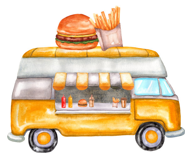 水彩画的黄色餐车里有汉堡，炸薯条，咖啡图片下载