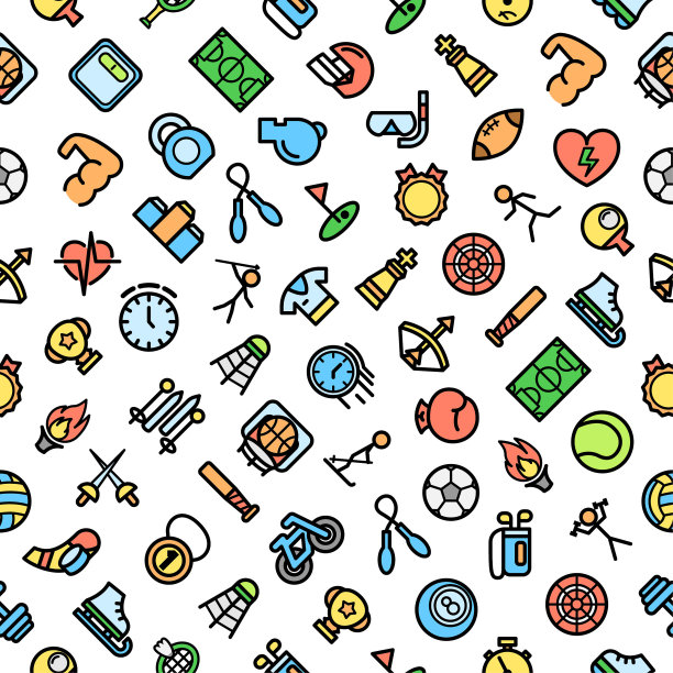 无缝图案涂鸦绘制收集运动曲棍球哑铃杯自行车奖章素描向量设计风格背景健康的生活方式健身插图图标图片下载