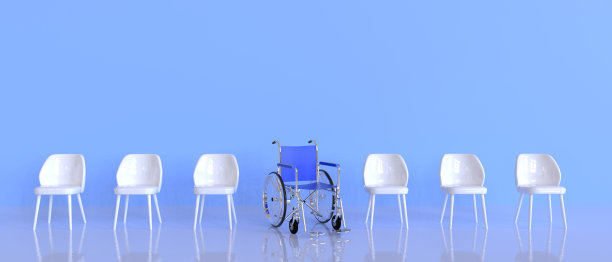 现代轮椅蓝色与杰出的概念创意灵感在蓝色背景。关怀，旗帜- 3d渲染图片下载