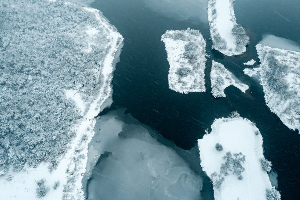 冬天的景色是冰冻的河流和被雪覆盖的树木。空中无人机的照片图片下载