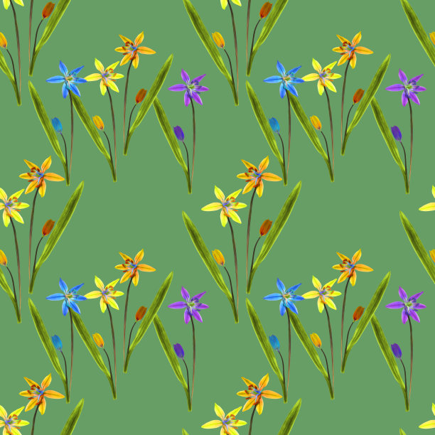 锡拉，风信子，报春花，插图，花的纹理。用于连续复制的无缝模式。花卉背景，照片拼贴为纺织品，棉布面料。用于墙纸、封面、印刷品。图片下载
