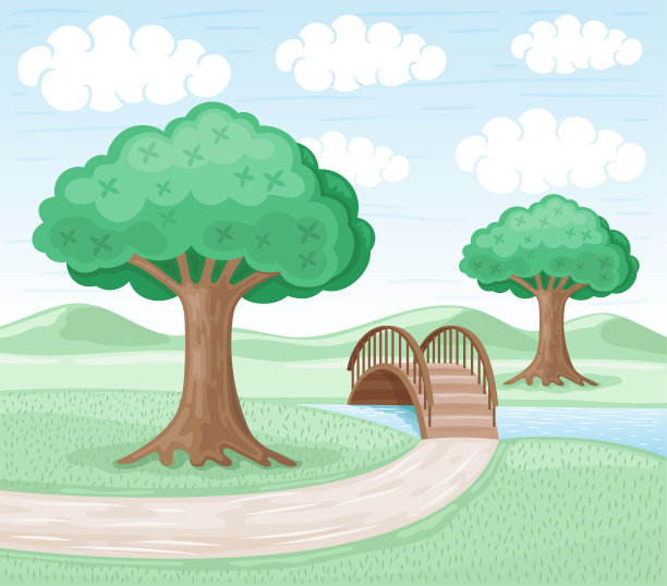 夏季景观有树木和桥梁。图片下载