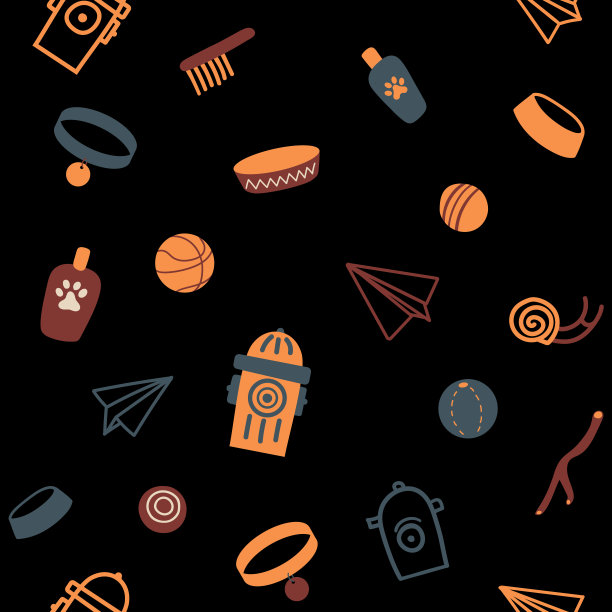 矢量无缝模式，消火栓，球，狗项圈，纸飞机，树枝，洗发水和碗在黑色背景。可爱的狗东西插图织物，纺织品，背景，壁纸图片下载