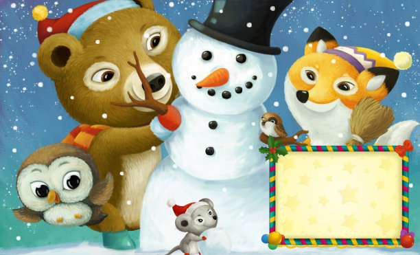 卡通快乐的圣诞场景与框架与快乐的动物和雪人插图图片下载