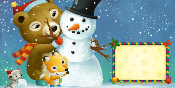 卡通快乐的圣诞场景与框架与快乐的动物和雪人插图图片下载