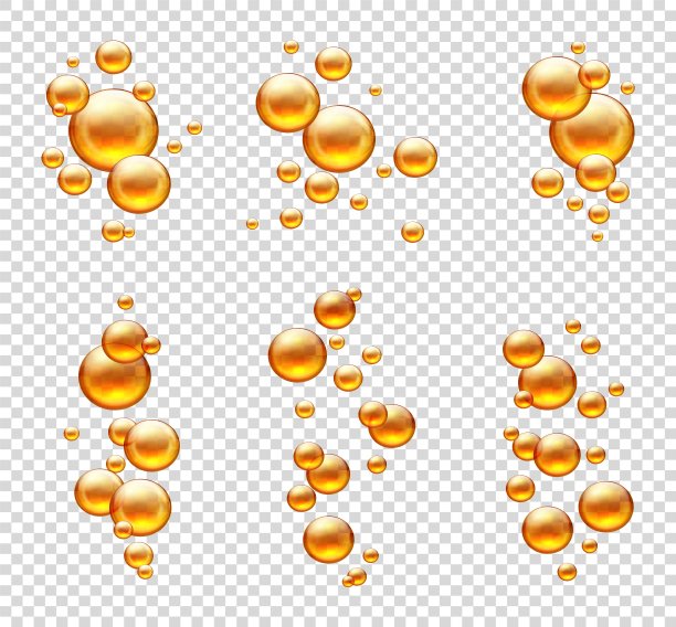 逼真的化妆金胶囊。3D油泡组。透明背景上的液体球。含有维生素和有机血清的圆形药丸。黄色基本滴，向量集图片下载