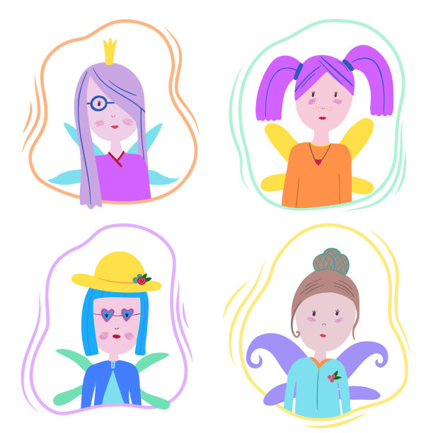 收集儿童绘画风格的小仙女。有彩色头发和翅膀的卡通女孩角色。可爱的小仙女公主。孤立在白色背景上。向量集。图片下载