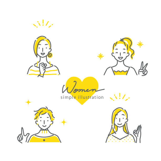 简单的线条艺术插图，妇女在双色，黄色和灰色图片下载