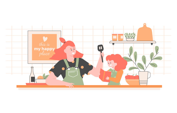 妈妈和女儿在一起做饭。这个女孩手里拿着一本烹饪书。厨房interier。家庭乐趣，孩子帮助父母。矢量平面插图。图片下载