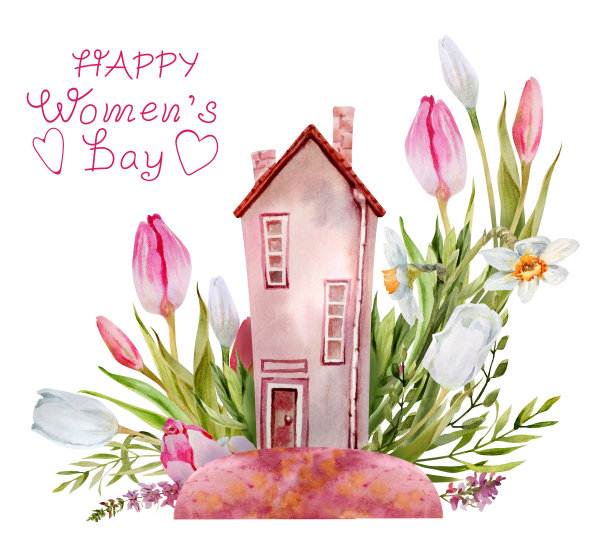 水彩粉色童话般的可爱的房子与白色和粉红色的郁金香，水仙花，薰衣草和桉树叶。增加了一个手工题词——妇女节快乐图片下载