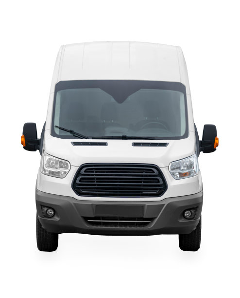 一辆白色面包车的前视图，孤立在白色背景上。图片下载