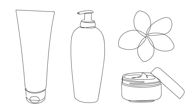 一套奶油瓶在一个手绘线性风格与彩色抽象污渍。图片下载