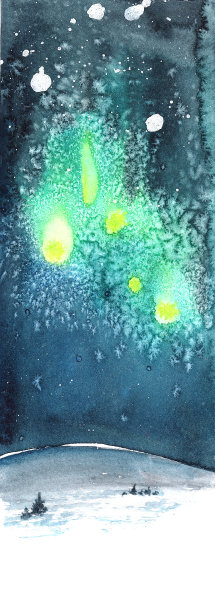 垂直水彩插图的一个冬天的夜晚景观与发光的灯在天空中黄色翡翠颜色与文字的空间图片下载