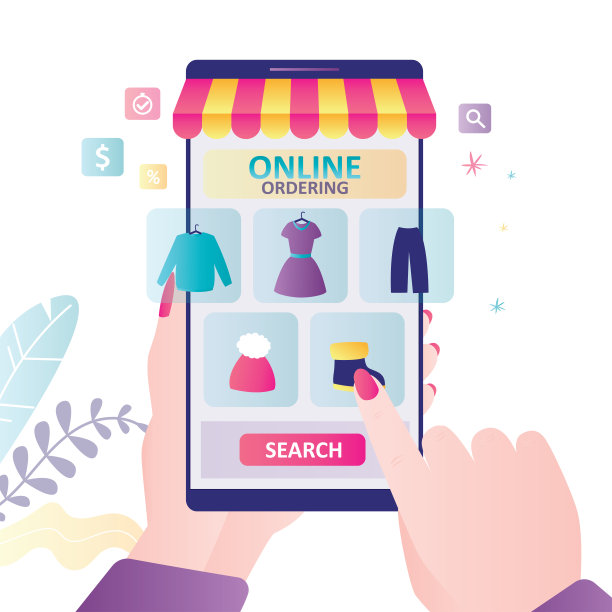 手持智能手机，屏幕上有服装店。女人在网上大众市场挑选衣服图片下载