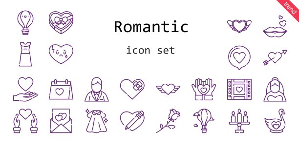 浪漫的图标集。行图标风格。与浪漫相关的图标，如新娘，爱情，衣服，新郎，天鹅，心碎，婚礼日，婚礼视频，吻，心，丘比特，热气球，蜡烛，巧克力盒，情书图片下载