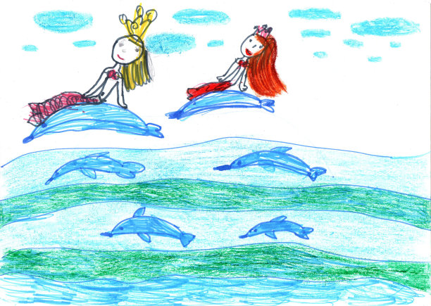 画可爱的美人鱼和海豚游泳。铅笔的艺术。图片下载